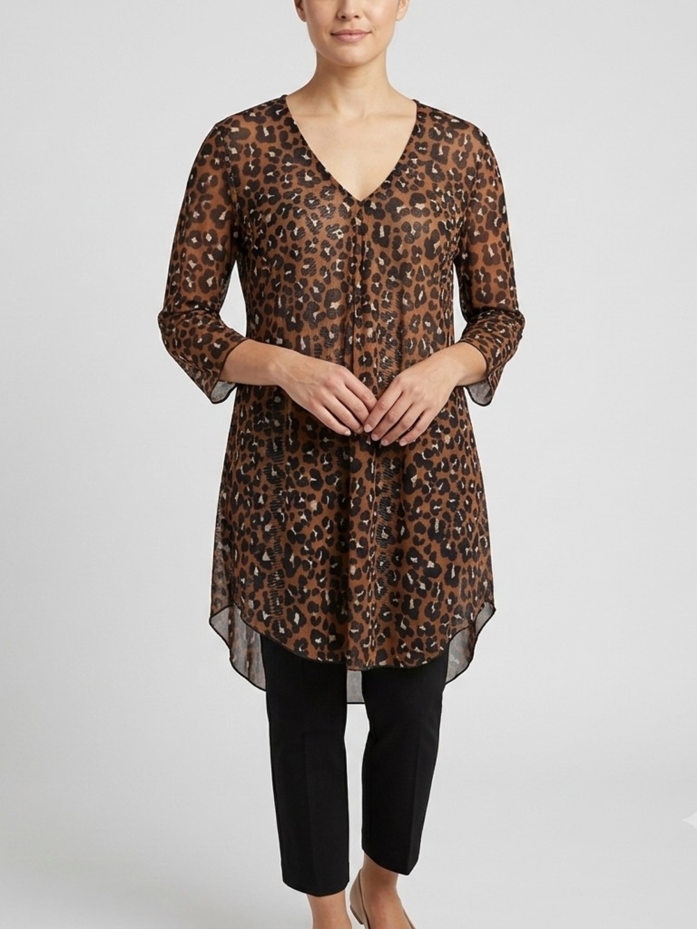 Jordan Taylor Brown Leopard Print V-Neck Longline Tunic Large Y2K